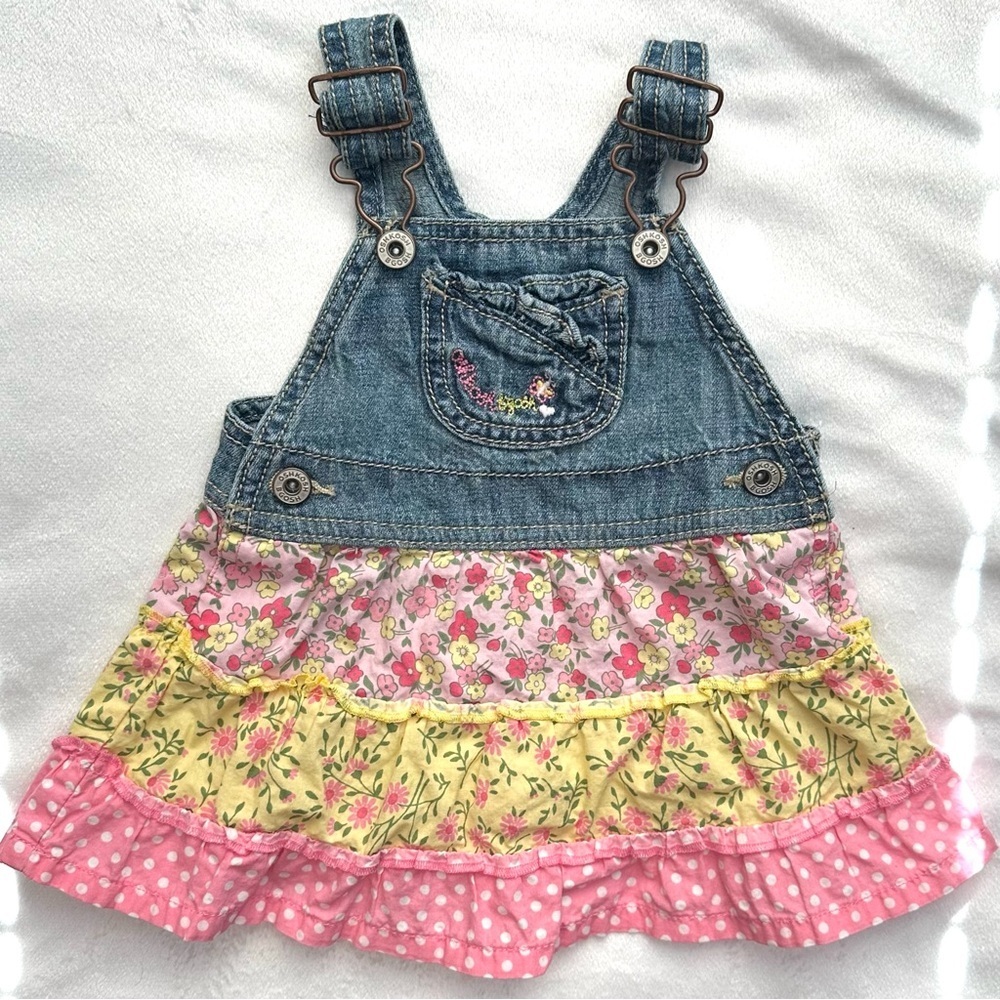 OshKosh Bib Denim Overalls Dress Baby Girl 9M Floral Ruffles Vtg Y2K Pink Yellow